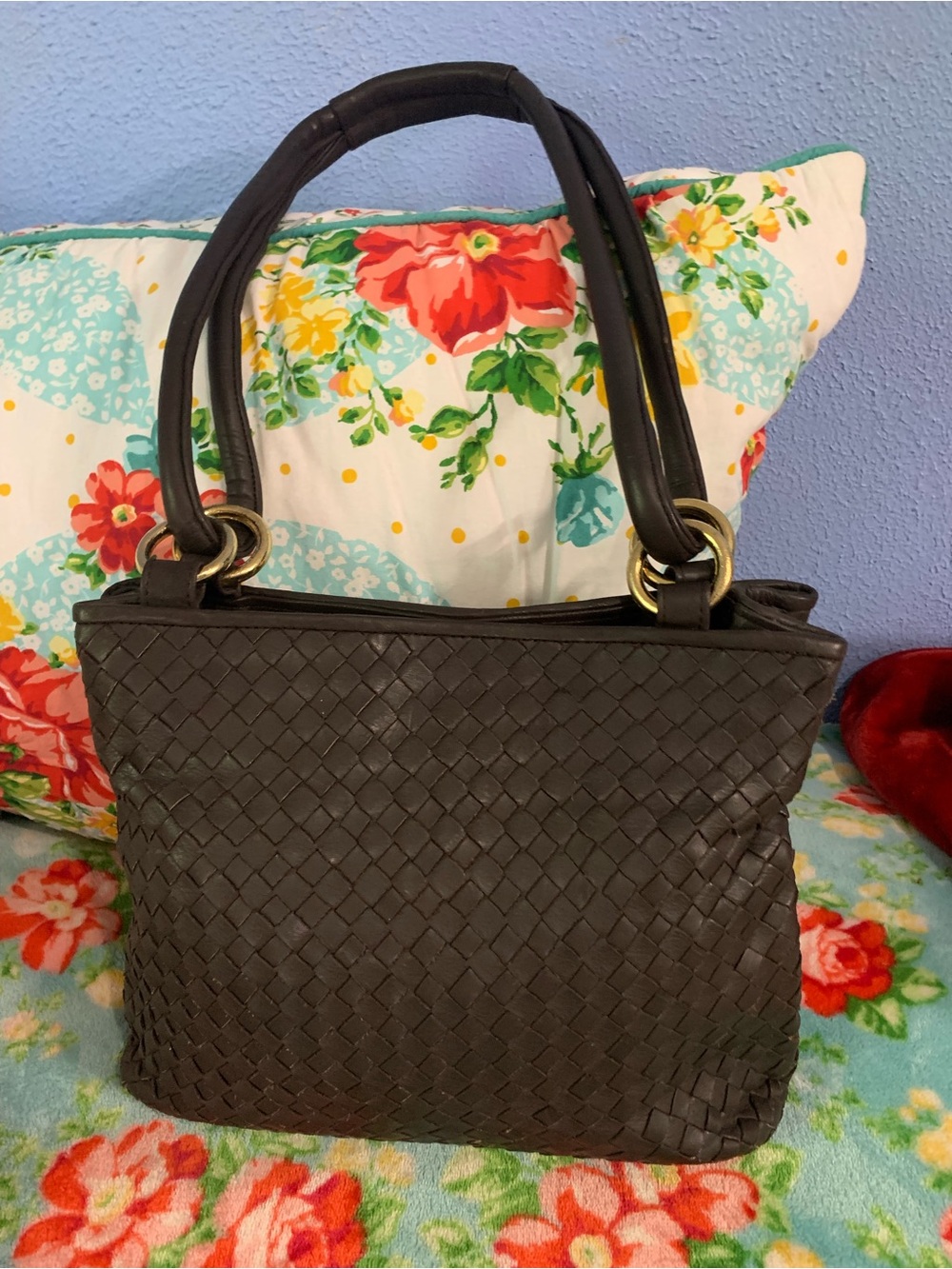 Vintage Black Genuine Leather Intrecciato Weave Shoulder Bag